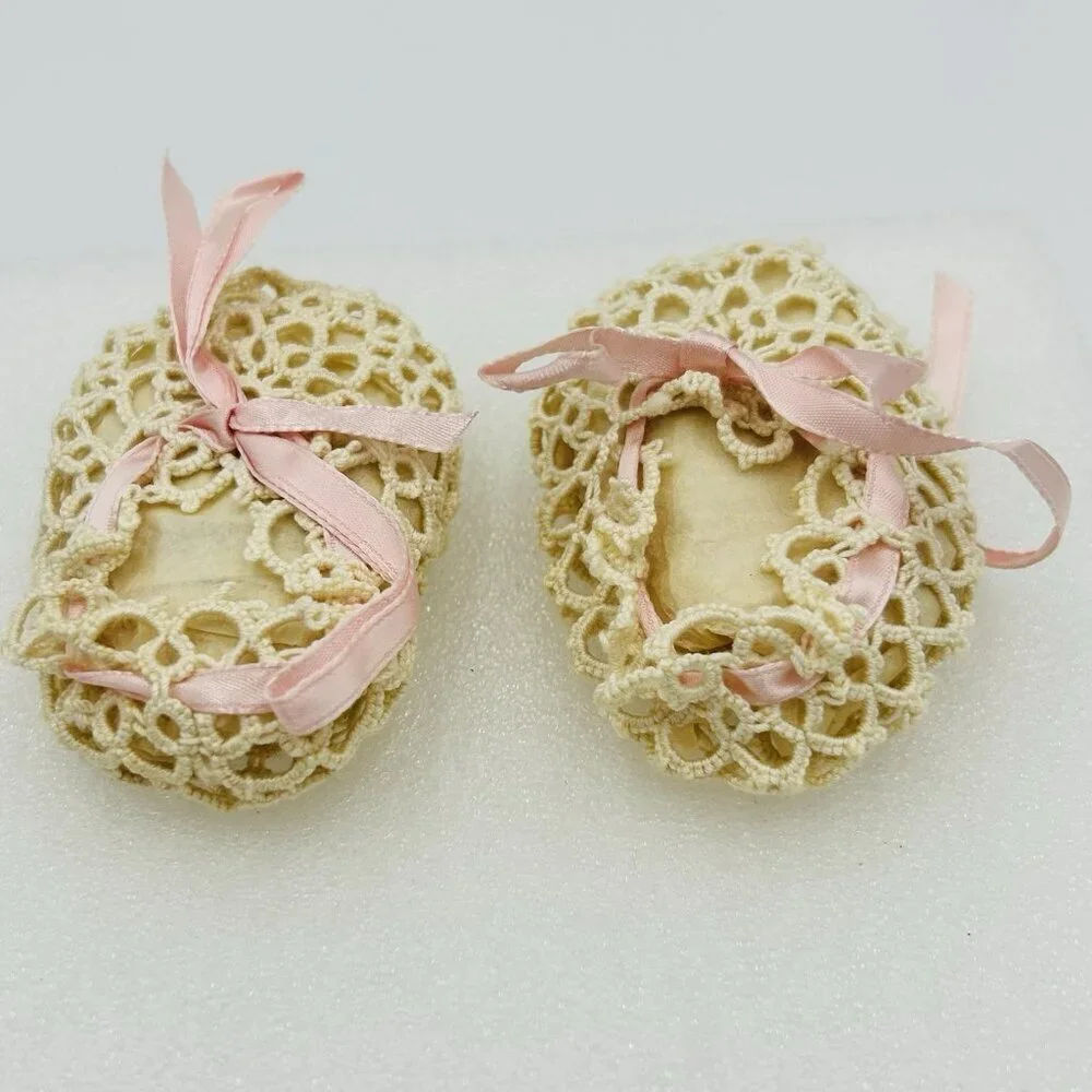 Vintage 1920's Ivory Crochet Baby Shoes Pink Satin Ribbon